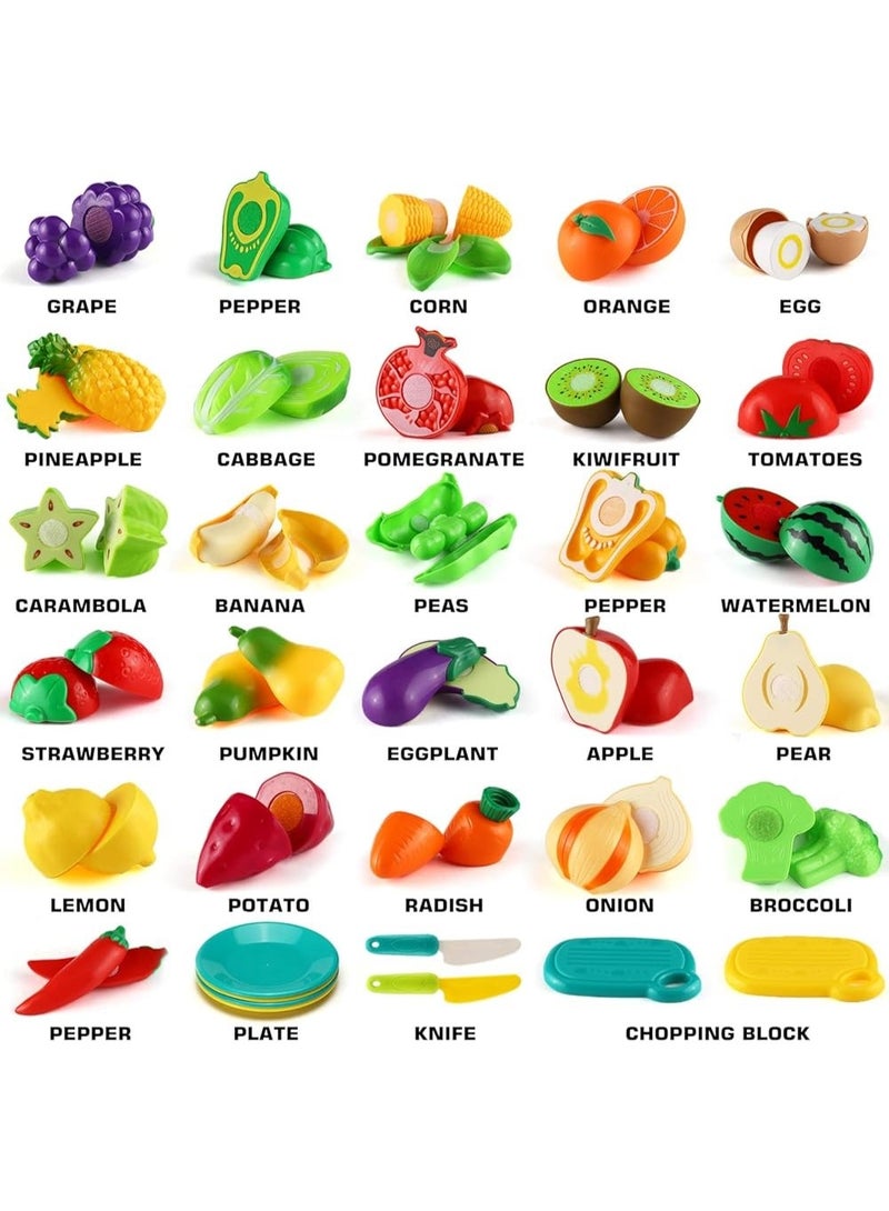 71-Piece Kids Kitchen Pretend Play Food Set - Cutting Fruit and Vegetable Toys with Velcro - Educational Learning Toy for Toddlers with Storage Tote Bag & Nutrition Chart - Safe BPA-Free Plastic - Image 3